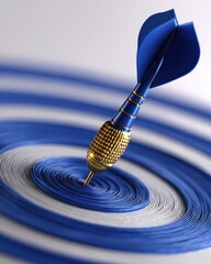 A blue and gold dart perfectly hits the center of a blue and white target, symbolizing precision and achievement