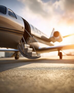 A private jet sits on the runway at sunrise with its door open and stairs extended, ready for boarding