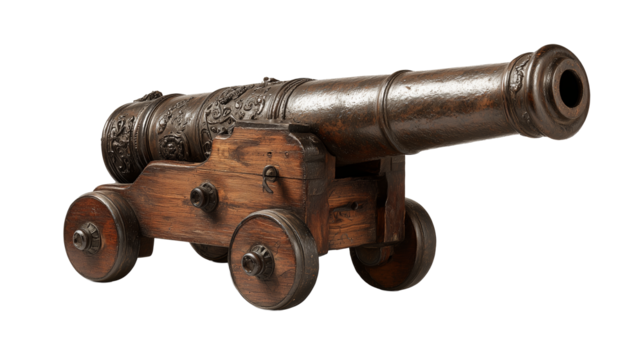 Vintage French cannon from the 18th century on white background
