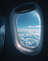 Naklejka premium A view from an airplane window showing fluffy clouds and a clear blue sky during a flight