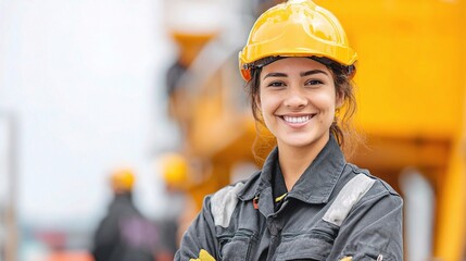 Young Female Maintenance Worker in Protective Yellow Helmet Smiling