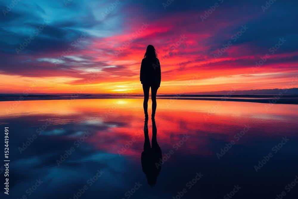 Poster silhouette of woman standing in water at sunset with colorful reflection, creating a serene and soli