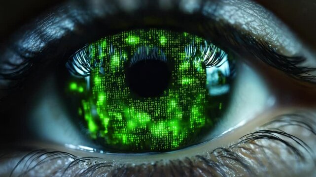 Close-up of an eye, digitally enhanced with glowing green binary code