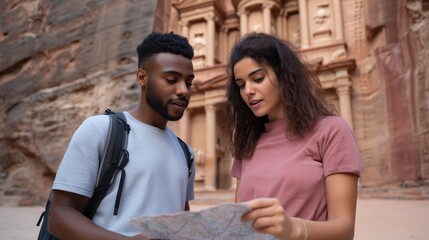 Obraz premium Petra Exploration: A young couple of mixed ethnicity explore the ancient city of Petra, carefully studying a map to navigate the historical site's wonders. 
