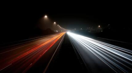 Night Highway Lights: streaks of light paint the night as cars speed down a highway, creating a dynamic, abstract scene of motion and travel.