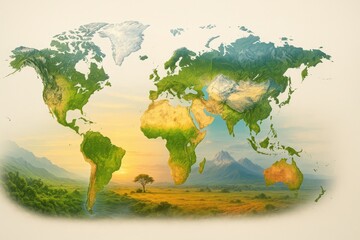 Colorful representation of the world showcasing diverse landscapes and natural beauty at dawn