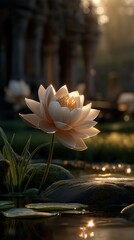 A glowing lotus flower floats peacefully in a serene temple pond at golden hour, radiating tranquility and spiritual harmony in soft cinematic light