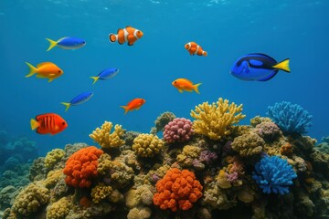 Naklejka premium Vibrant underwater world showcases colorful coral reefs and lively fish swimming in crystal clear ocean waters