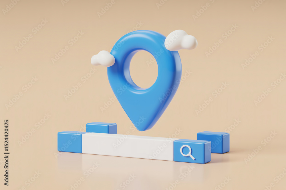 Poster 3d render of a blue location pin above a search bar with clouds