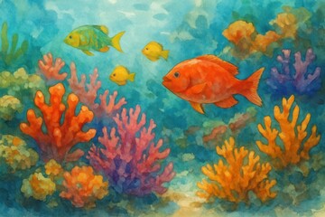 Naklejka premium Colorful underwater coral reef teeming with vibrant fish swimming through a vivid marine landscape in warm sunlight