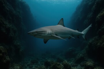 Fototapeta premium Majestic shark gracefully gliding through clear blue waters of the ocean landscape