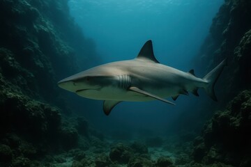 Majestic shark gliding through deep blue waters surrounded by vibrant coral reefs in a sunlit underwater wonderland