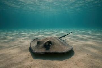 Graceful stingray glides over golden sand in tranquil ocean waters during a sunlit day
