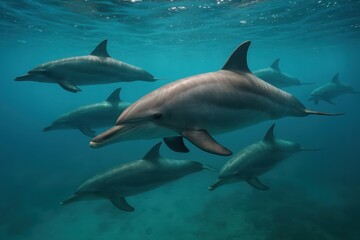 Obraz premium Dolphins gracefully swimming together in the tranquil blue waters of a serene ocean