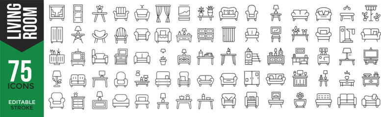 Living Room & Interior Icons Set &ndash; Editable Stroke Vector

