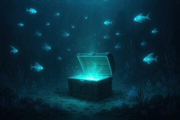 Mystical underwater treasure chest illuminated by glowing fishes in a serene ocean setting during twilight hours