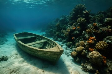 Fototapeta premium Sunken wooden boat resting on a vibrant coral reef beneath clear waters in a tranquil underwater paradise