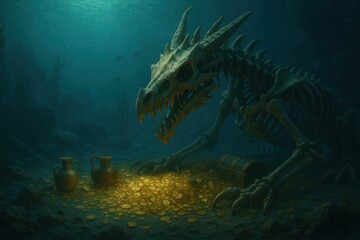 Underwater treasure reveals the skeletal remains of a mythical creature guarding ancient riches beneath the waves