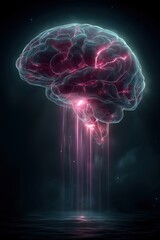 Futuristic glowing brain emitting neural light streams in a dark sci-fi space. Conceptual design for AI, innovation, deep thinking, and digital intelligence themes.