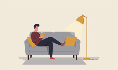 Man Reading Book on Sofa – Cozy Flat Vector Illustration 