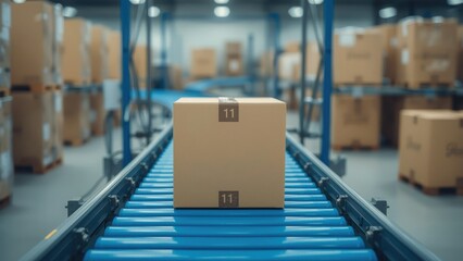Single cardboard box moving on a conveyor belt in a warehouse