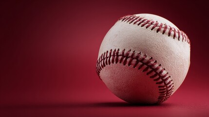 New baseball on red rubber texture with crisp stitching details, showcasing precision and quality craftsmanship.
