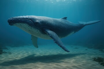 Obraz premium Majestic humpback whale gliding gracefully through crystal-clear ocean waters during a tranquil afternoon