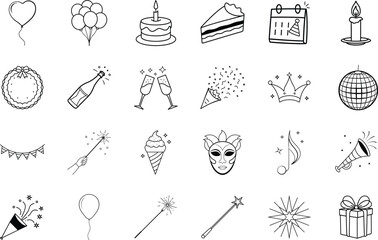 Celebration Party Icons Birthday, Anniversary, Festive Doodle Drawings