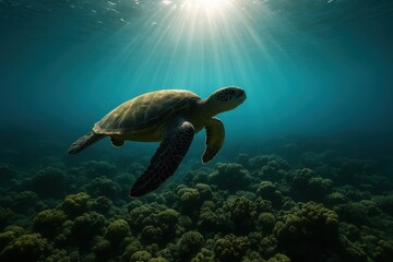 Obraz premium Graceful sea turtle gliding through vibrant coral reefs under soft sun rays in the clear blue ocean