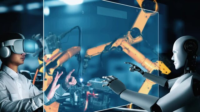 Cybernated industry robot and human worker working together in future factory . Concept of artificial intelligence for industrial revolution and automation manufacturing process .