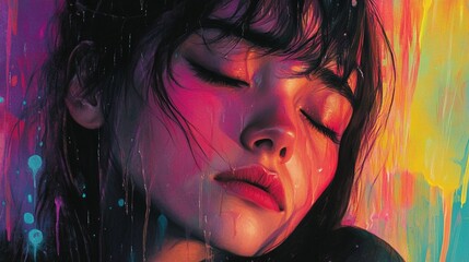 Fototapeta premium A mesmerizing portrayal of a young woman lost in her emotions, surrounded by vibrant colors that enhance the depth of her feelings and add an artistic flair to the image.