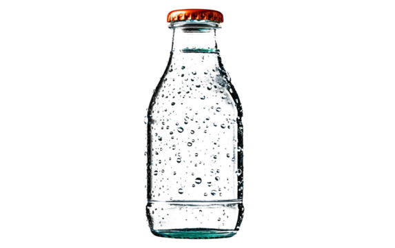 Sparkling water in a glass bottle with condensation droplets, set against a minimalistic white background. Ideal for beverage ads, health promotions, and clean lifestyle concepts.

