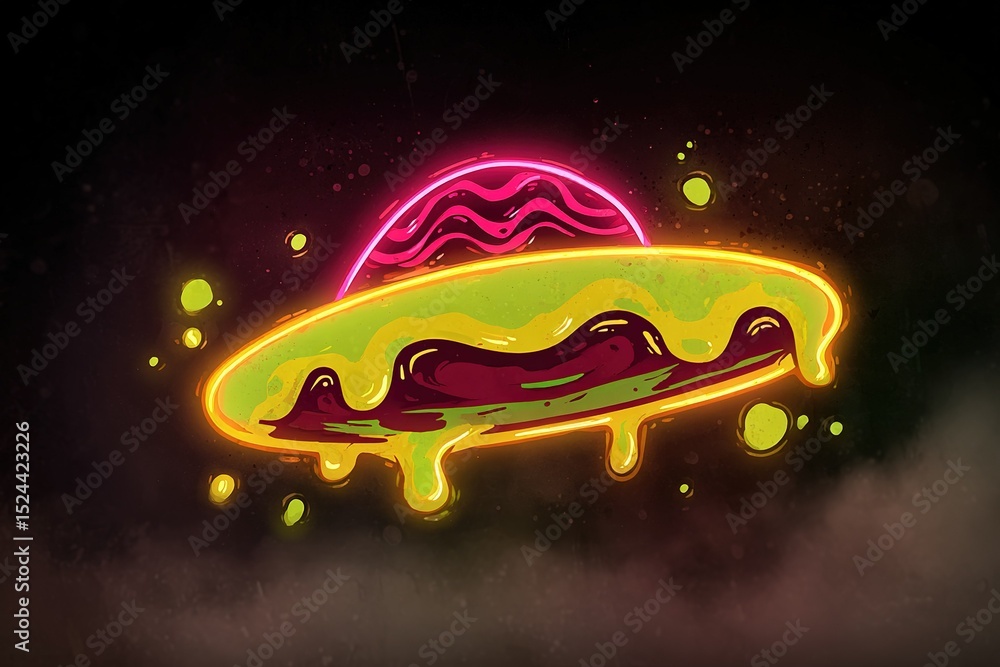 Poster brightly illuminated alien spacecraft hovering above with a colorful planetary backdrop in a futuris