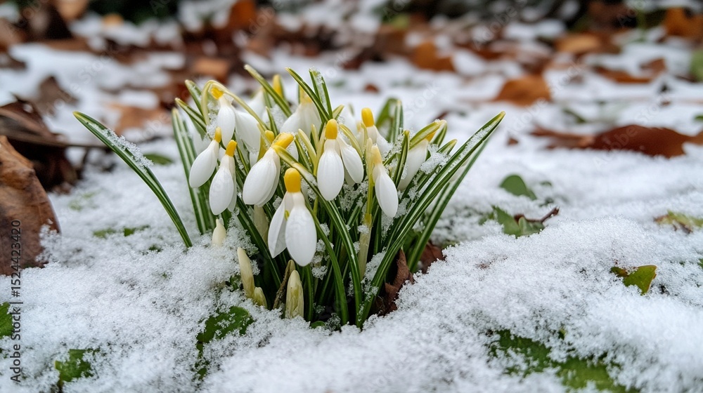 Poster snowdrops emerge through a blanket of snow and fallen leaves, symbolizing resilience and the transit