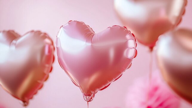 Romantic heart-shaped metallic balloons floating in soft pink tones, creating an elegant and dreamy celebration atmosphere with delicate pastel shades