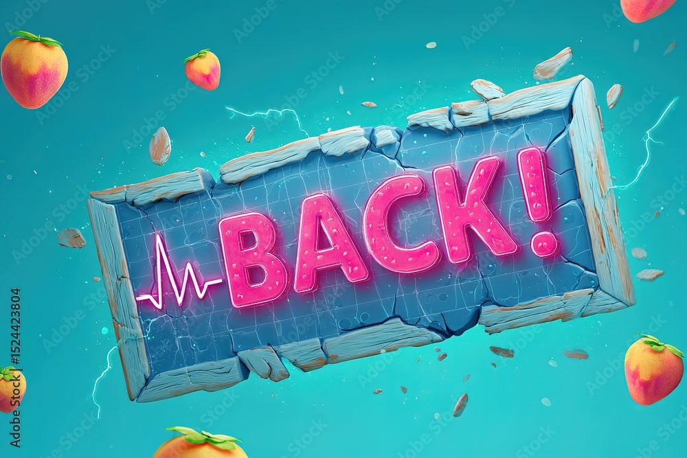 Poster bright neon sign with the word back surrounded by fruits and dynamic graphics suggesting an energeti