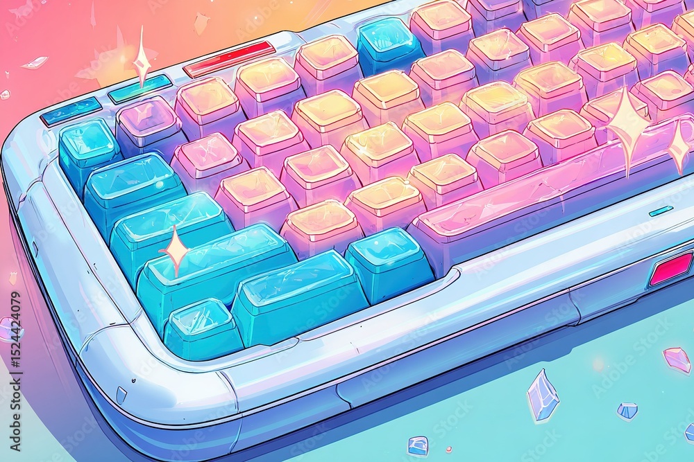 Poster colorful mechanical keyboard with glowing keys and sparkling effects set against a pastel background