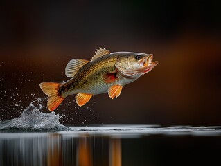 Largemouth bass caught mid-air as it splashes out of the water. A dramatic and dynamic wildlife scene, ideal for fishing, nature, or outdoor adventure themes
