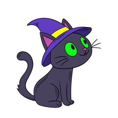 Hand-drawn Halloween cute with green magic eyes kitty cat with magical hat sitting. Fantasy and mystical fairytale. Treats or tricks