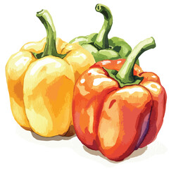 Watercolor Trio Vibrant Yellow Green and Red Bell Peppers Freshly Painted