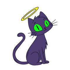 Hand-drawn Halloween cute with green magic eyes kitty cat sitting with nimbus. Fantasy and mystical fairytale. Treats or tricks