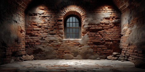 Dark, moody room with aged brick walls and an arched window. A gritty, atmospheric setting ideal for horror, medieval, or historical scene concepts