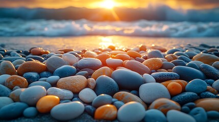 Obraz premium Colorful pebbles on beach at sunrise