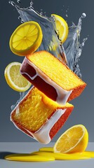 Surreal image of floating lemon pound cake with icing, surrounded by juicy lemon slices and water splashes. Bright, refreshing, and perfect for food design themes.