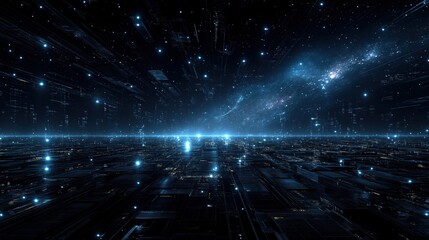Futuristic cyber cityscape glowing with neon lights beneath a starry galaxy. A digital sci-fi world merging technology, space, and imagination.