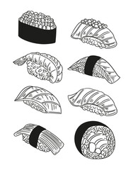 Set of illustrations of sushi surimi, Japanese food, hand-drawn with ink. Original drawings of sushi, a Japanese dish.