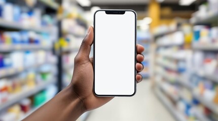 Hand is holding a modern mobile phone on blurred shop background