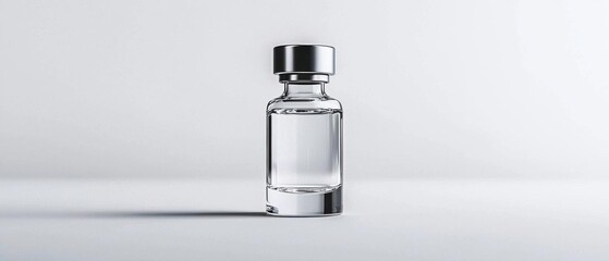 3d rendering of a small glass vial with a black cap. the vial is empty and is standing upright on a plain white background.