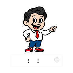 a vector illustration of a Cheerful young boy in graduation cap pointing with enthusiasm while wearing a formal outfit in a bright and fun style