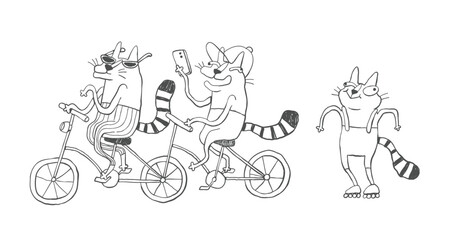 Sarcastic Bike-Riding Cats in Comic Sketch Style with Ironic Summer Mood